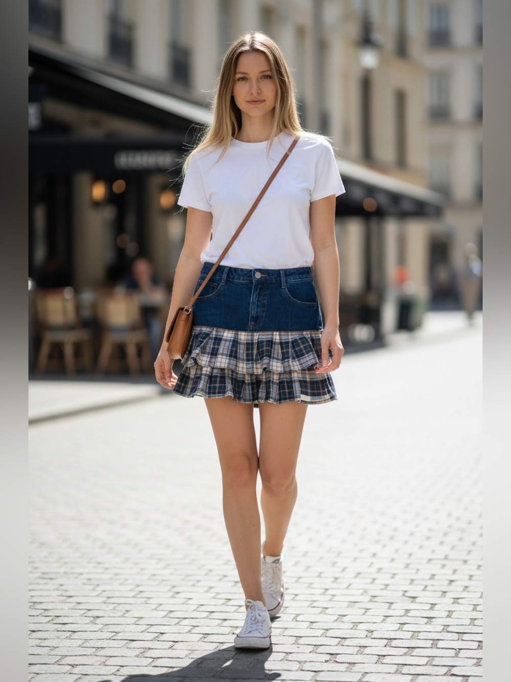 HALARA White Tee with Blue Denim Mini and Plaid Ruffle Hem XS